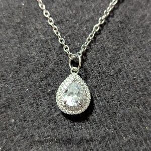 Silver Tone Clear CZ Teardrop Dainty Delicate Pendant Statement Necklace